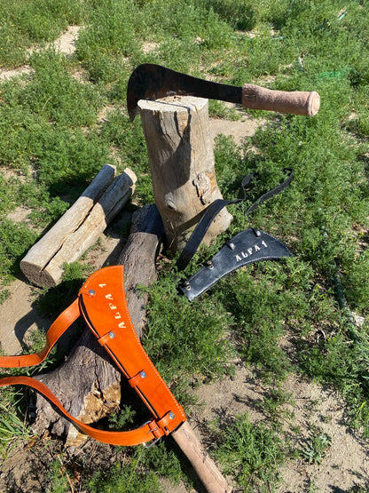 ALFA 1 Artisanal 100% Hand Made Heavy-Duty Curved Billhook Machete w/ Custom Leather Shoulder Harness