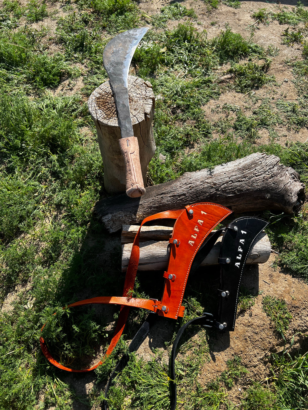 ALFA 1 Artisanal 100% Hand Made Heavy-Duty Curved Billhook Machete w/ Custom Leather Shoulder Harness