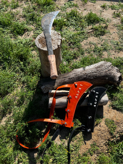ALFA 1 Artisanal 100% Hand Made Heavy-Duty Curved Billhook Machete w/ Custom Leather Shoulder Harness