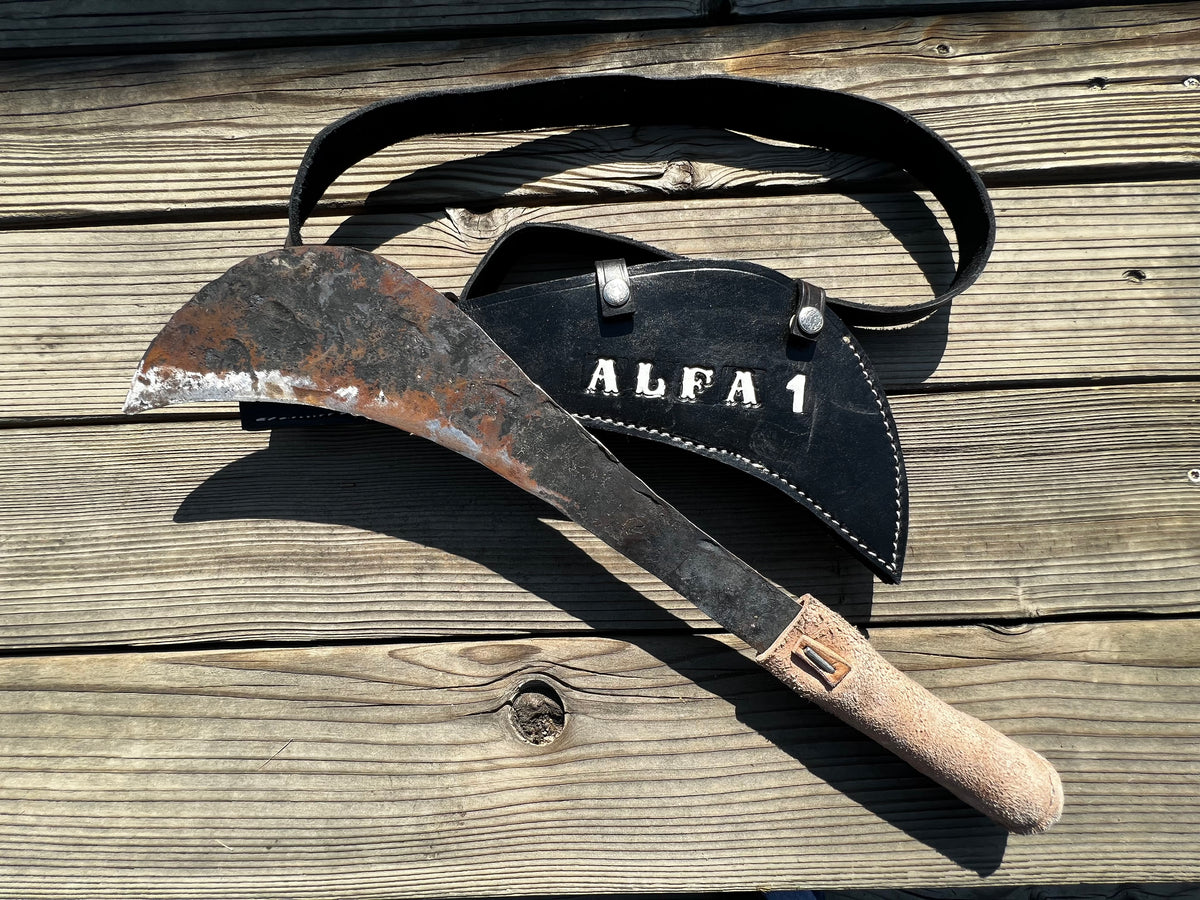 ALFA 1 Artisanal 100% Hand Made Heavy-Duty Curved Billhook Machete w/ Custom Leather Shoulder Harness