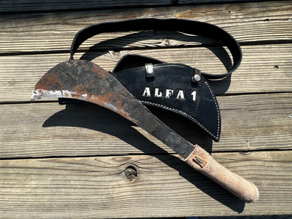 ALFA 1 Artisanal 100% Hand Made Heavy-Duty Curved Billhook Machete w/ Custom Leather Shoulder Harness